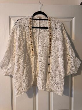 POL White Crochet Knit Open Front Cardigan